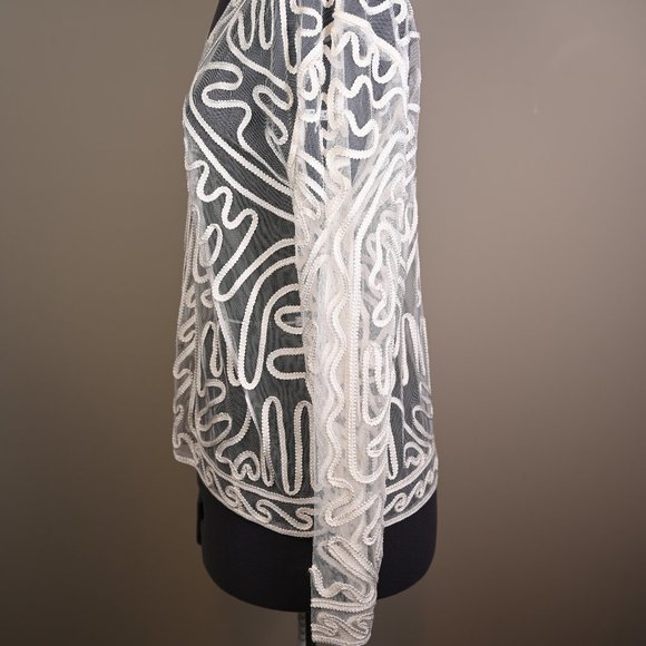 Elegant Cream Long Sleeve Lace Cardigan with Passementerie detailing. Size L - Picture 2 of 7